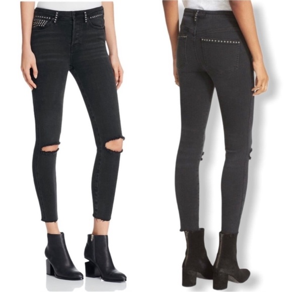 Free People Denim - Free People Rocker Stud Black Distressed Crop Jeans Size 27 Mid Rise Skinny